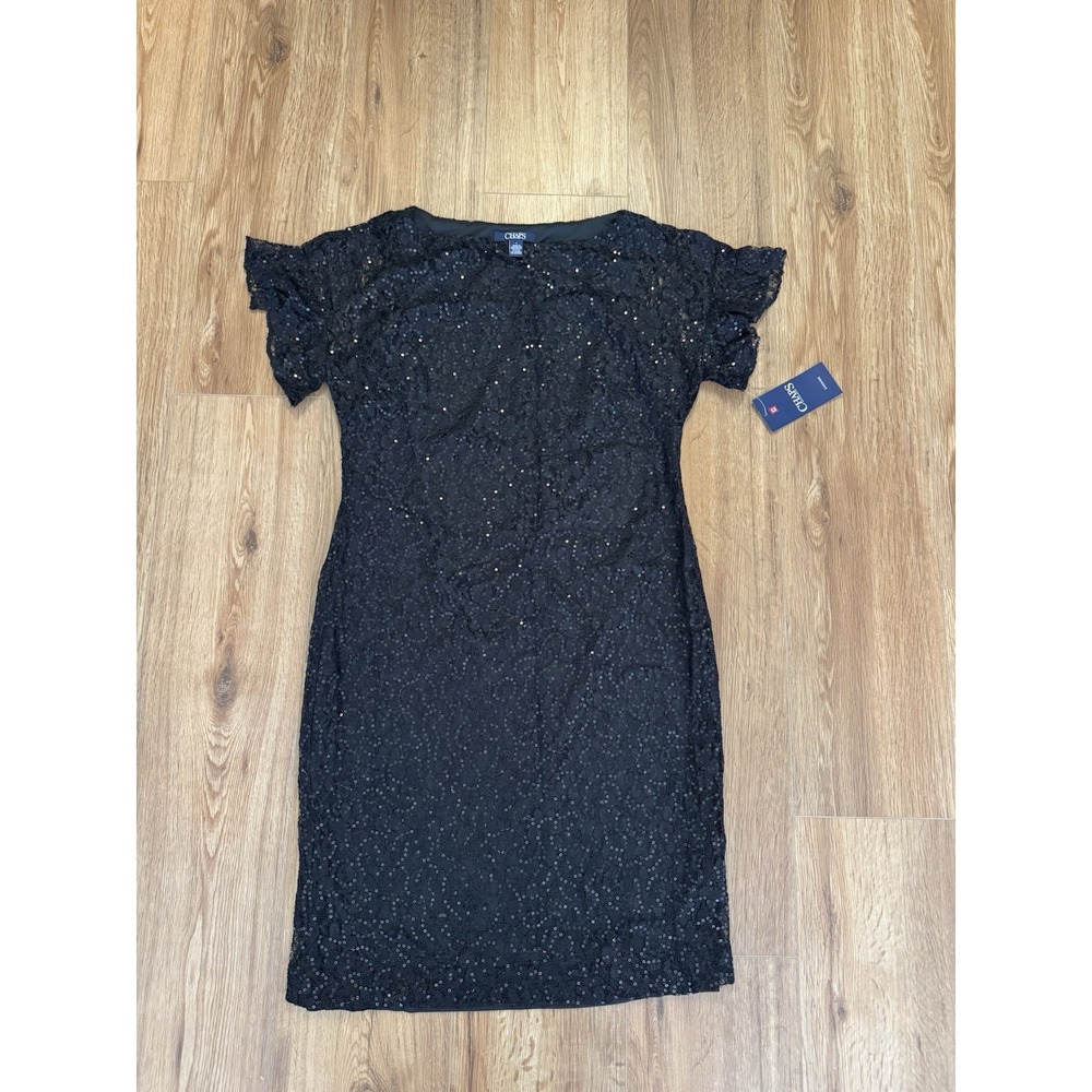 Chaps Sheath Cocktail Dress Black Lace Sequin Embellished Size 4 Stretch